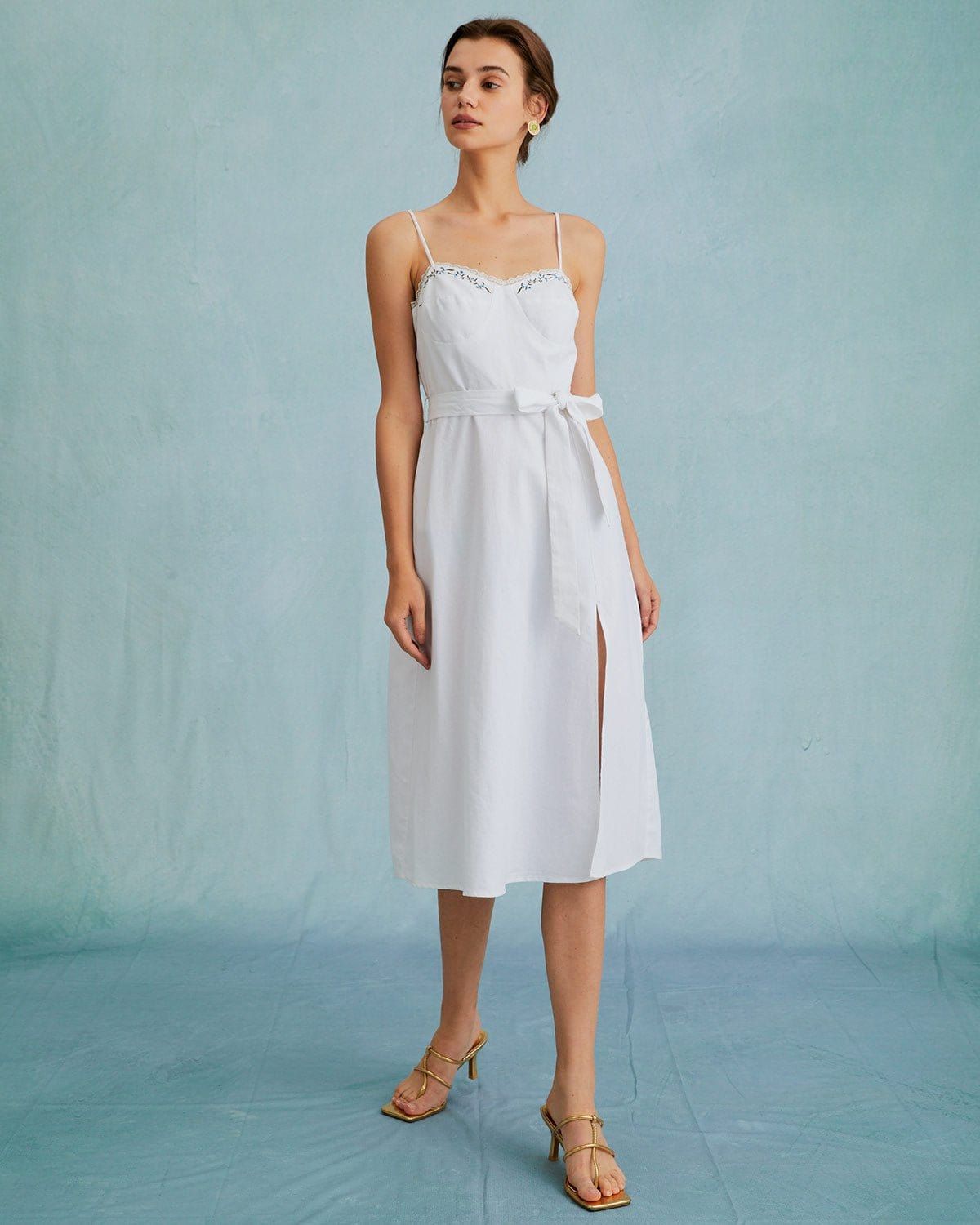 The White Sweetheart Neck Slit Sling Midi Dress sold by rihoas product image thumbnail 4