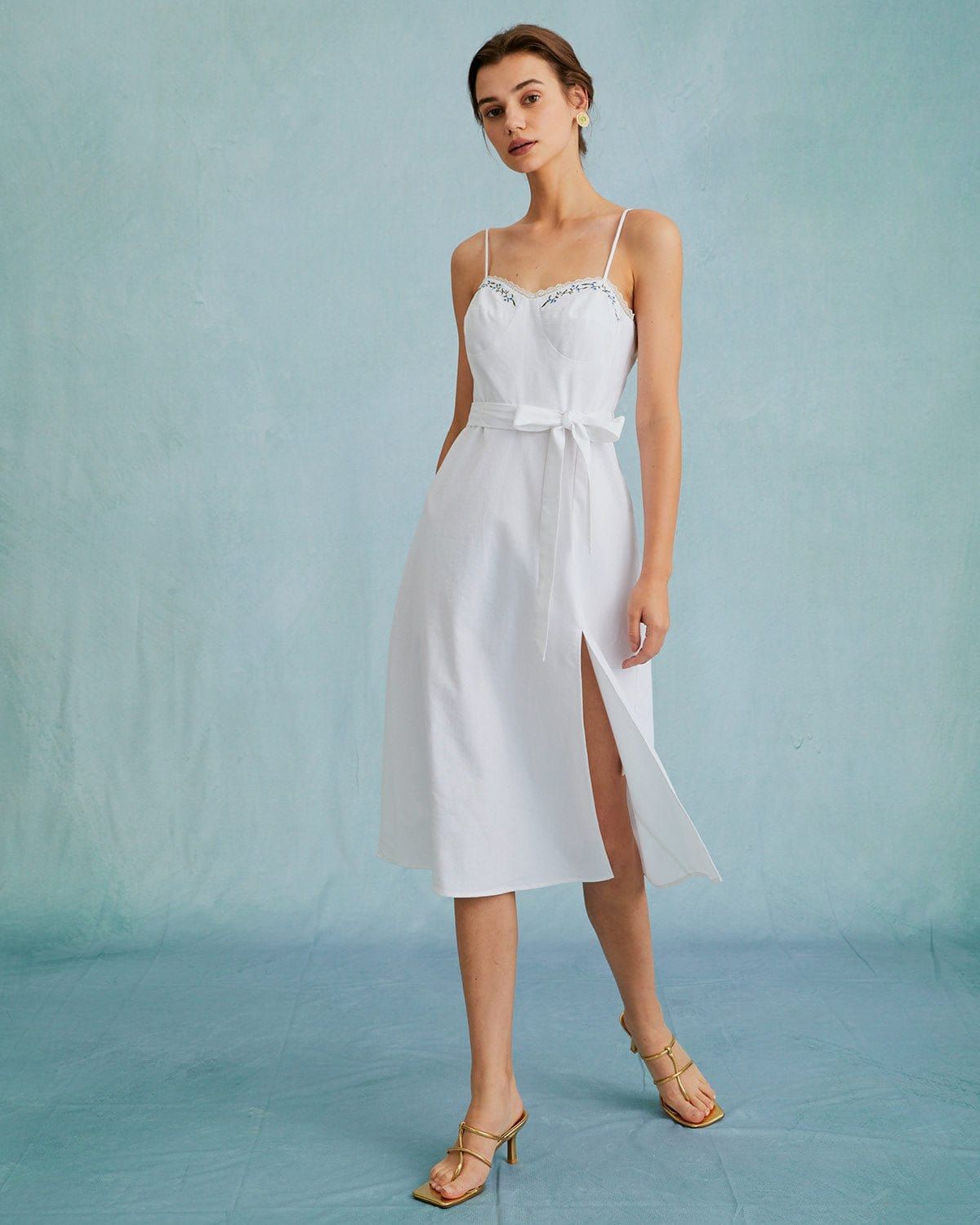 The White Sweetheart Neck Slit Sling Midi Dress sold by rihoas product image thumbnail 5