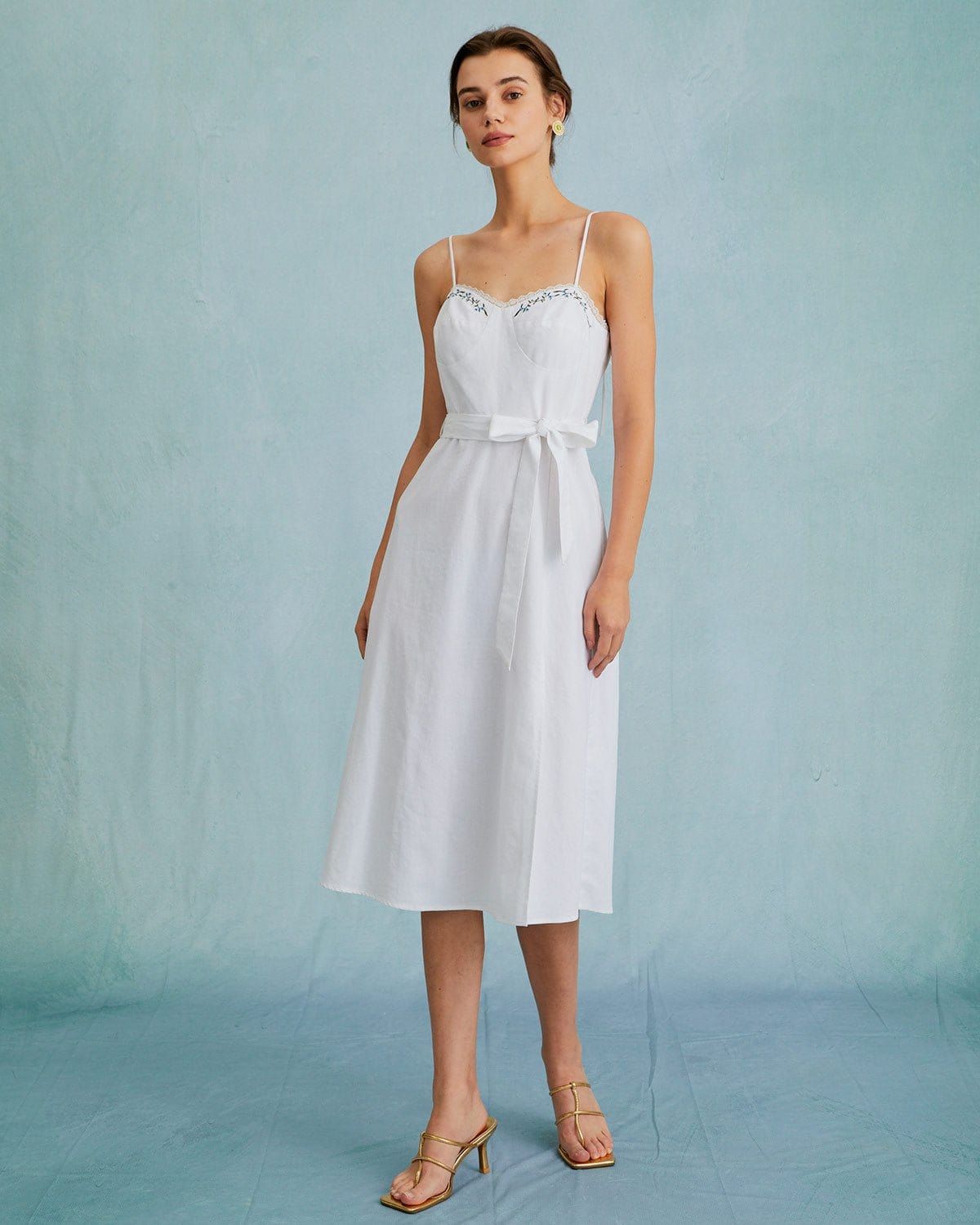 The White Sweetheart Neck Slit Sling Midi Dress sold by rihoas product image thumbnail 3