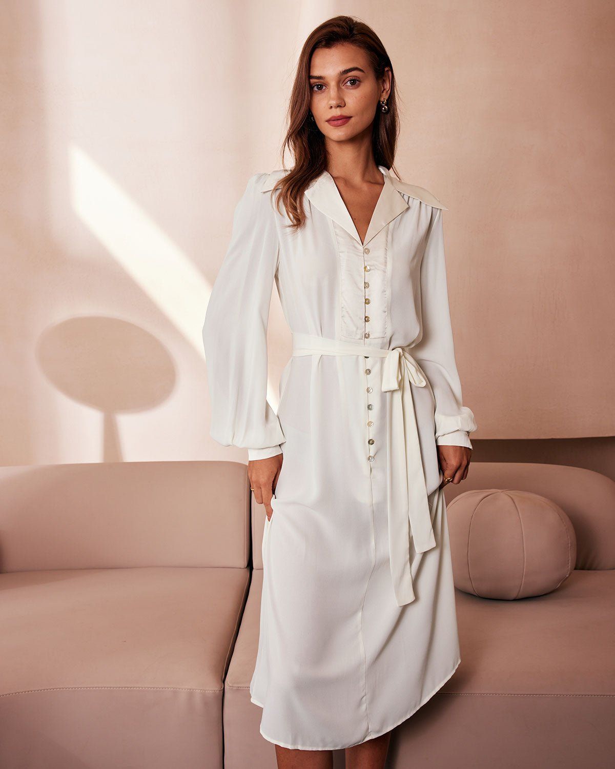 The Beige Lapel Lantern Sleeve Shirt Midi Dress sold by rihoas product image thumbnail 4