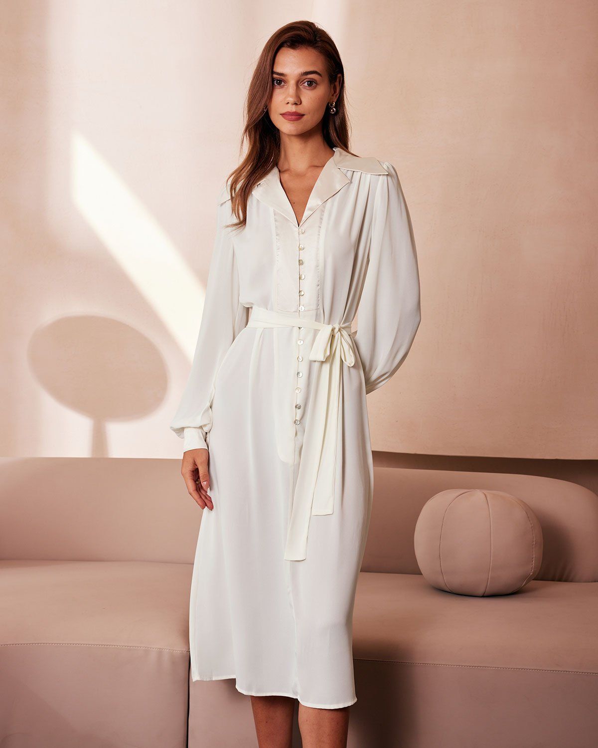 The Beige Lapel Lantern Sleeve Shirt Midi Dress sold by rihoas