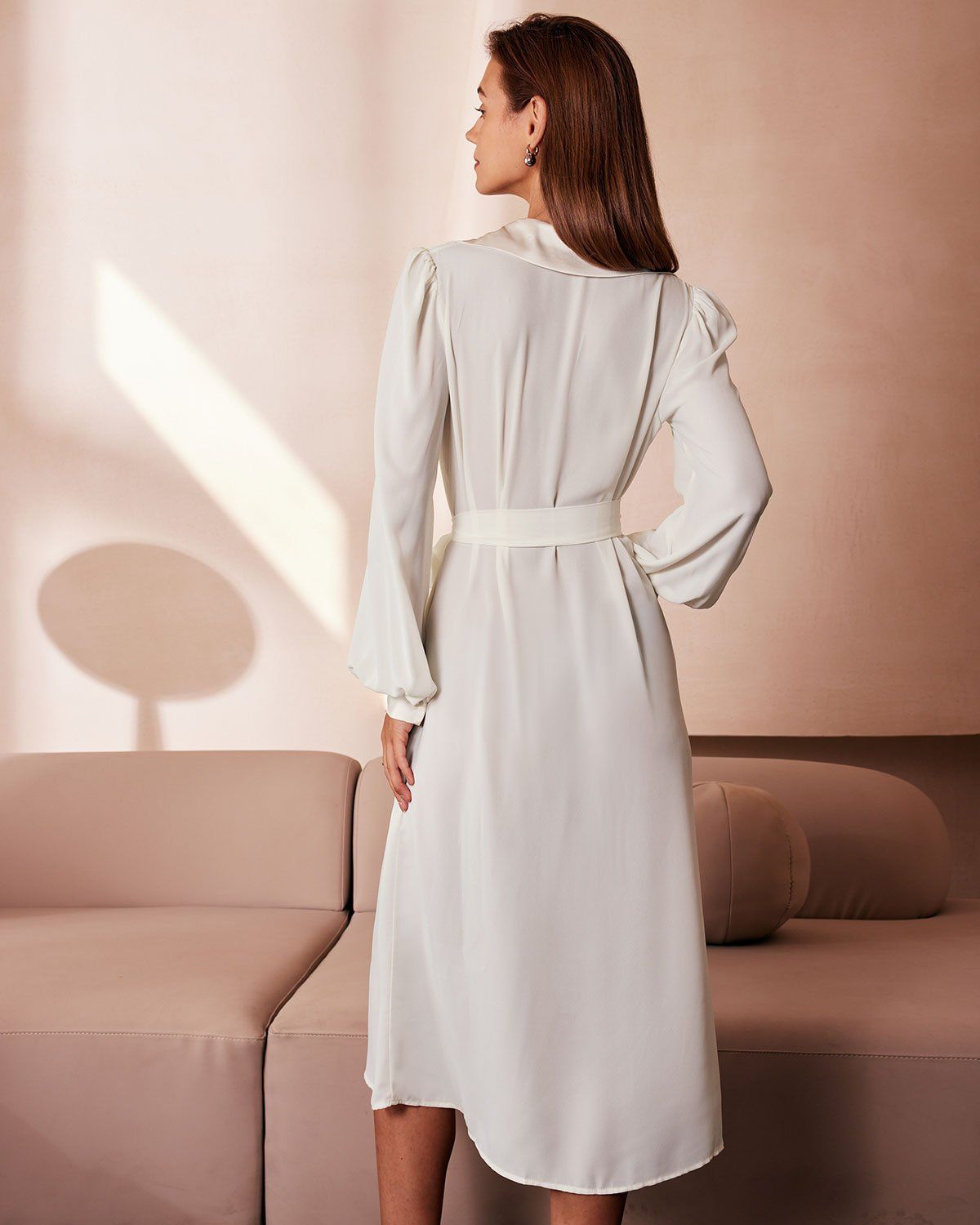 The Beige Lapel Lantern Sleeve Shirt Midi Dress sold by rihoas product image thumbnail 5