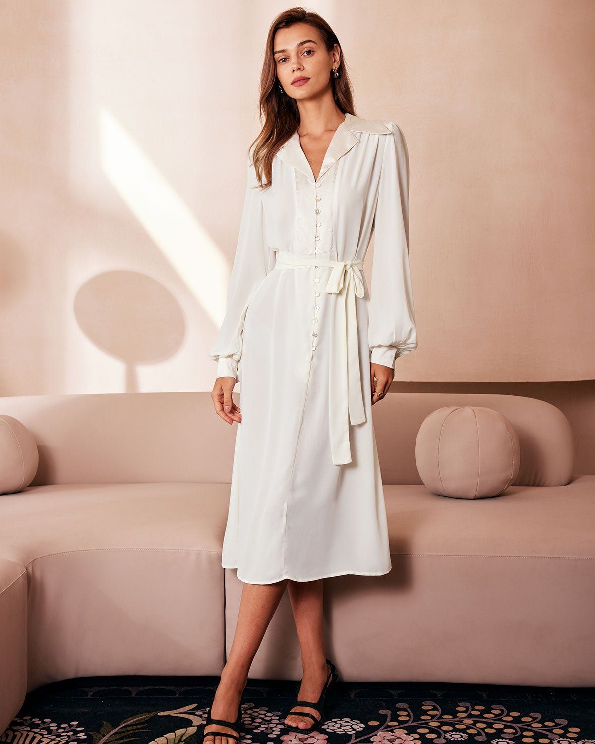The Beige Lapel Lantern Sleeve Shirt Midi Dress sold by rihoas product image thumbnail 3