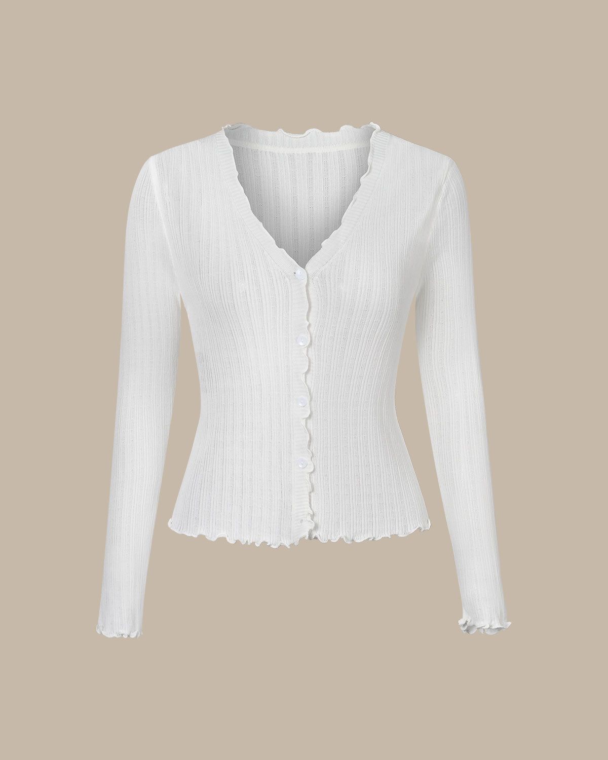The White V Neck Frill Trim Button Knit Top sold by rihoas product image thumbnail 7