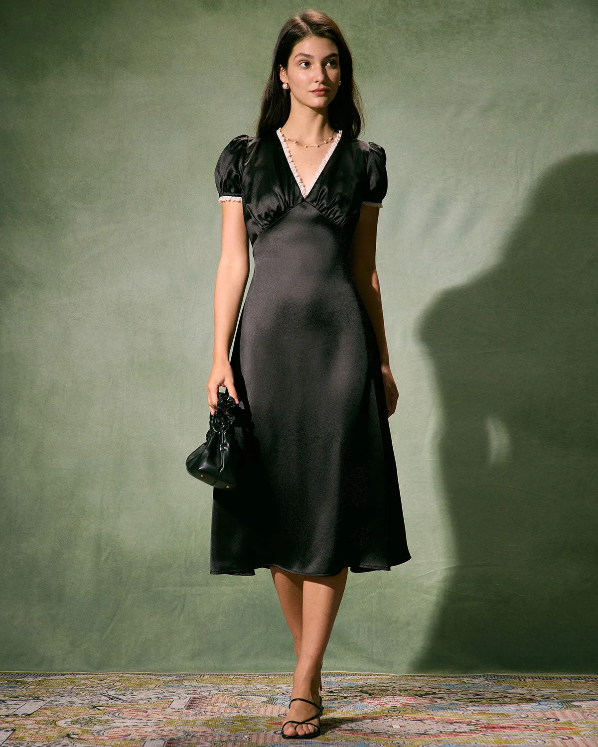 The Black V-Neck Lace Trim Satin Midi Dress sold by rihoas product image thumbnail 2