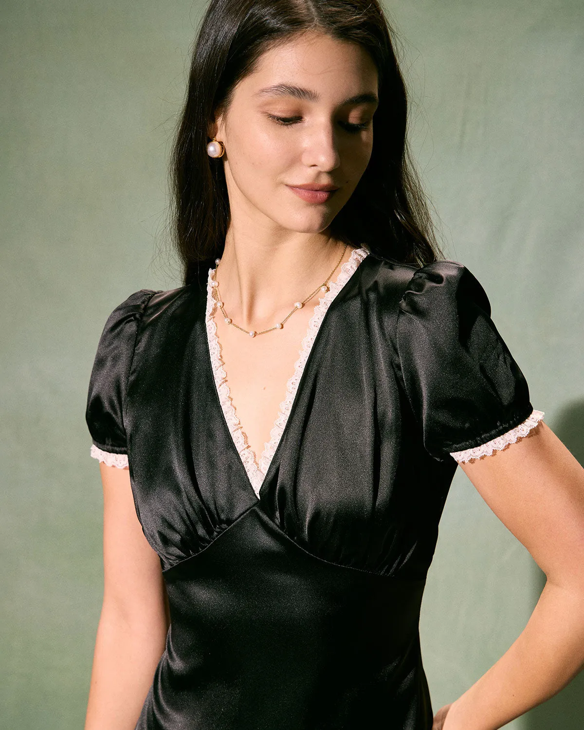 The Black V-Neck Lace Trim Satin Midi Dress sold by rihoas product image thumbnail 4