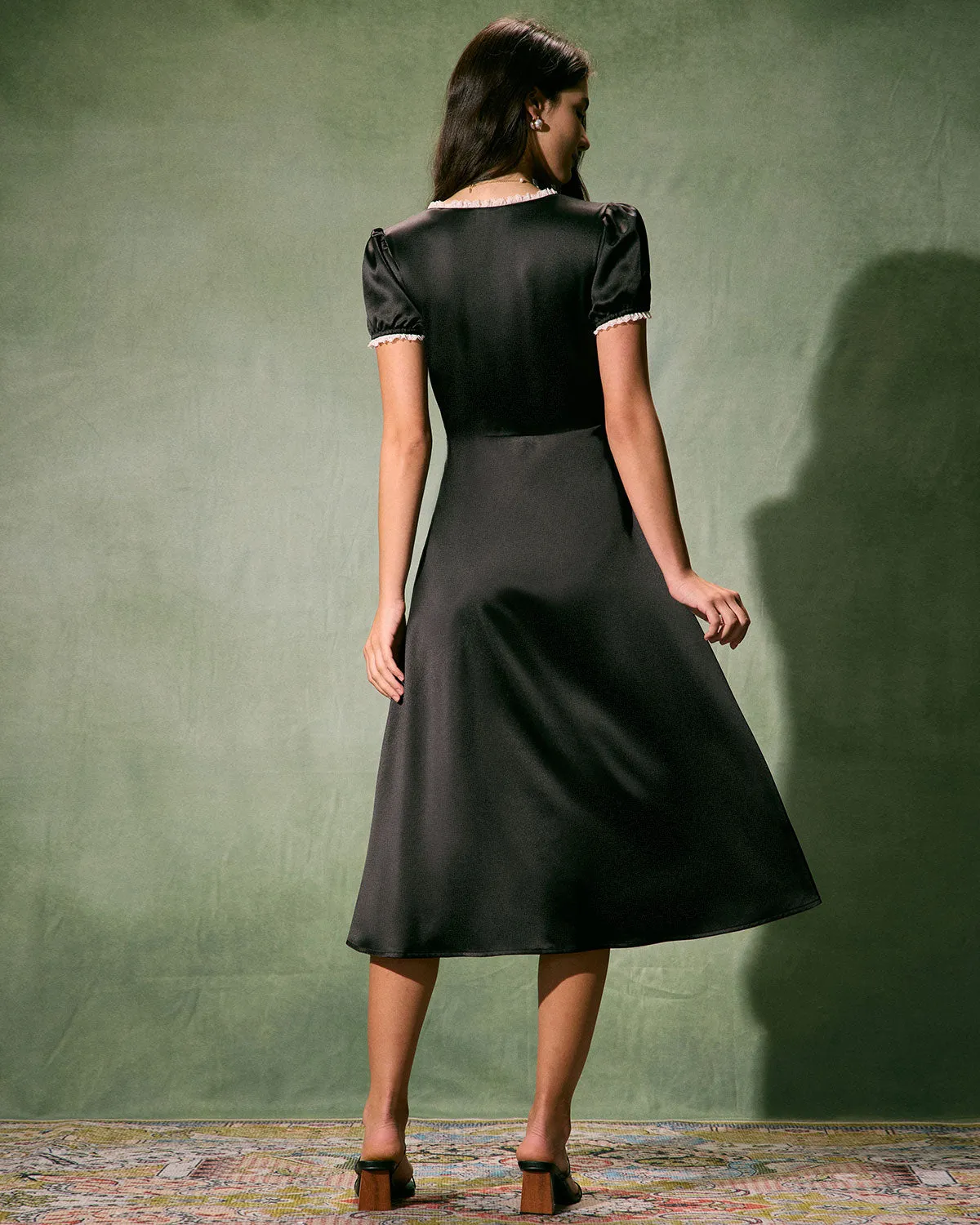 The Black V-Neck Lace Trim Satin Midi Dress sold by rihoas product image thumbnail 5