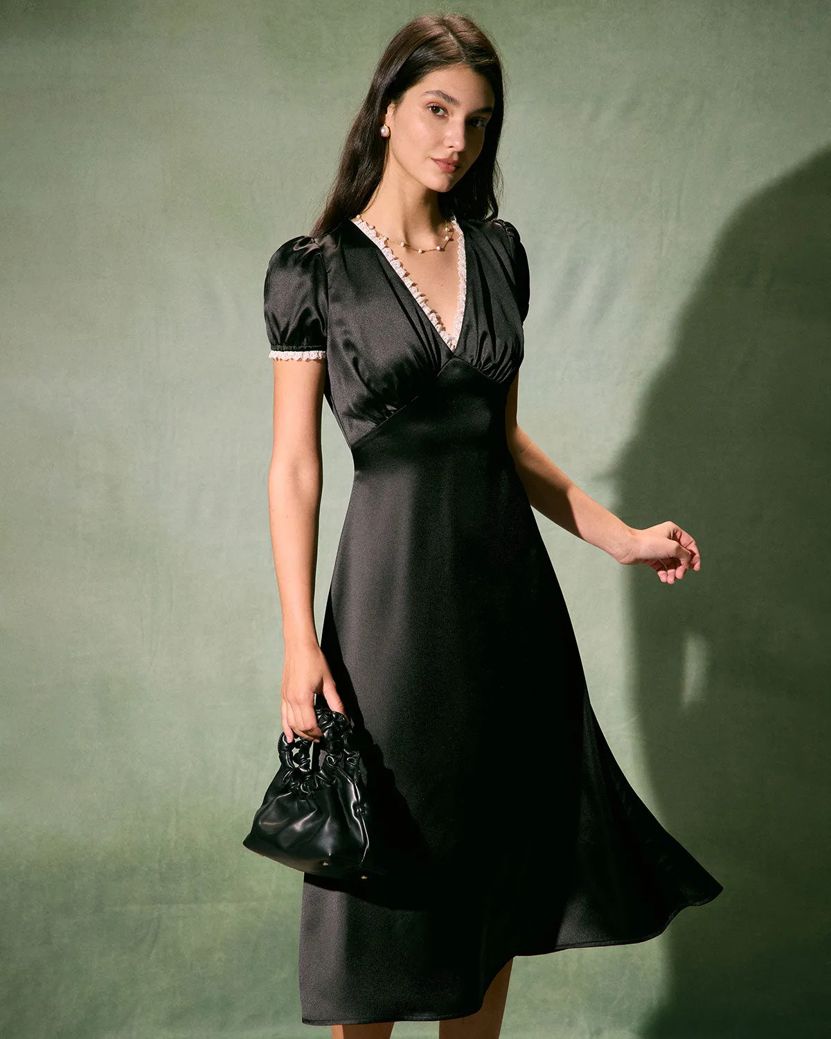 The Black V-Neck Lace Trim Satin Midi Dress sold by rihoas
