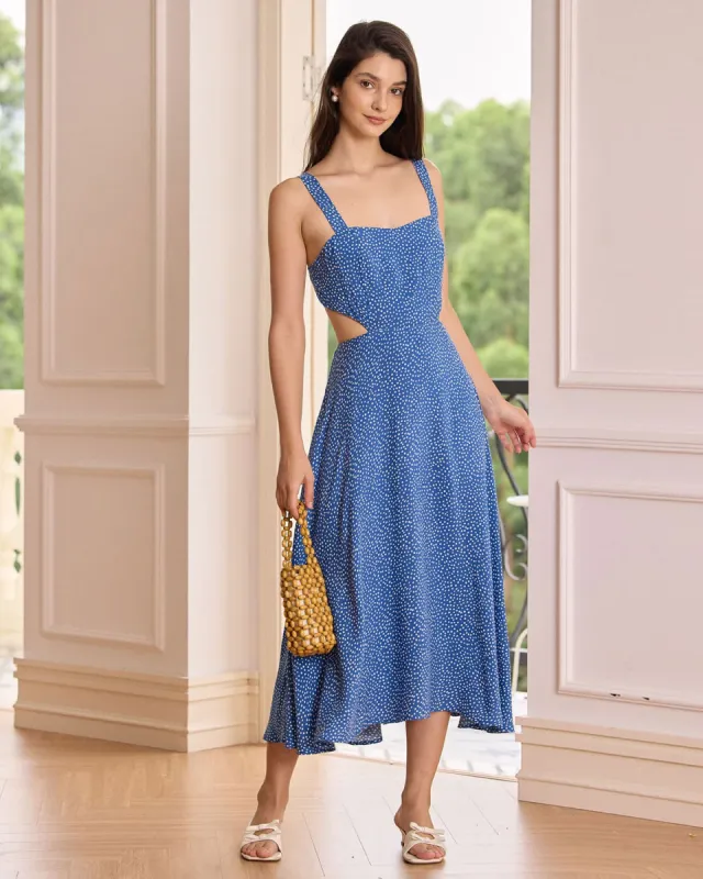 The Blue Polka Dot Cut-Out Midi Dress sold by rihoas
