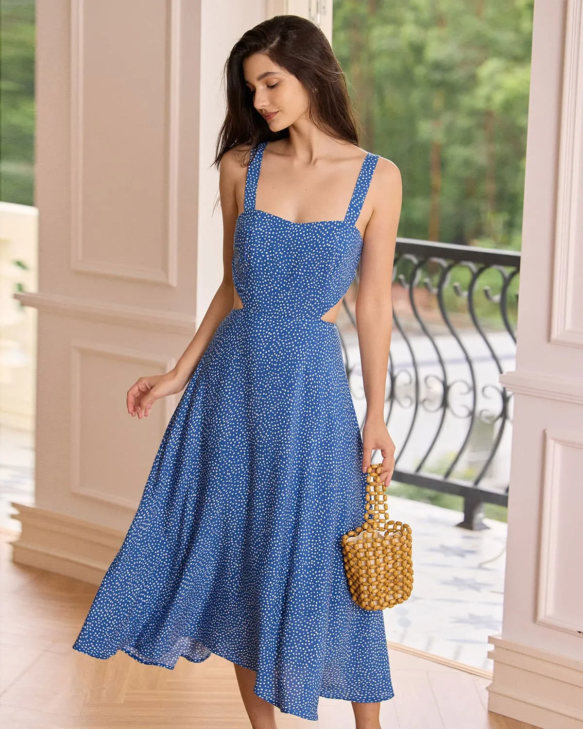 The Blue Polka Dot Cut-Out Midi Dress sold by rihoas product image thumbnail 4