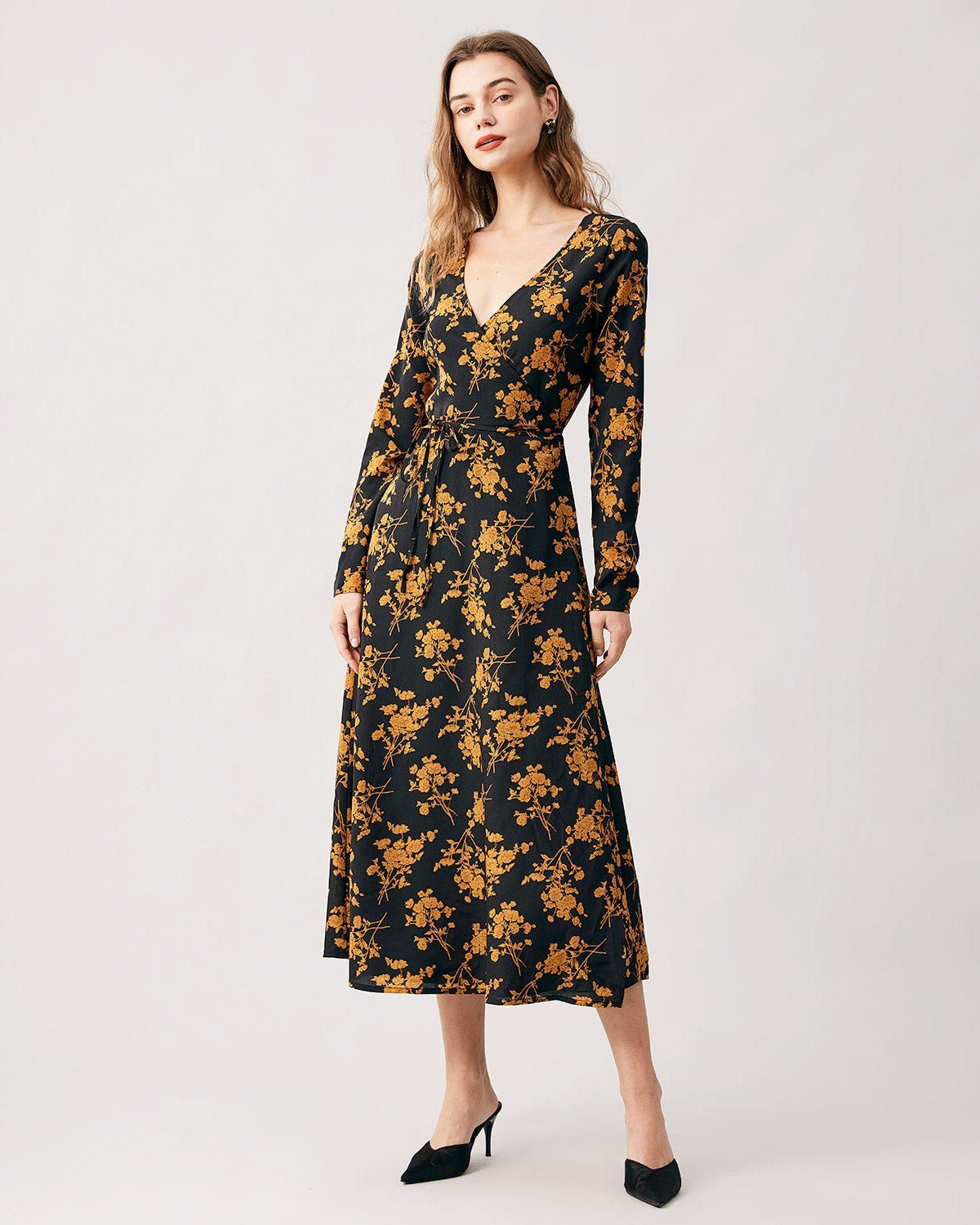 The Black V Neck Floral Long Sleeve Maxi Dress sold by rihoas product image thumbnail 4