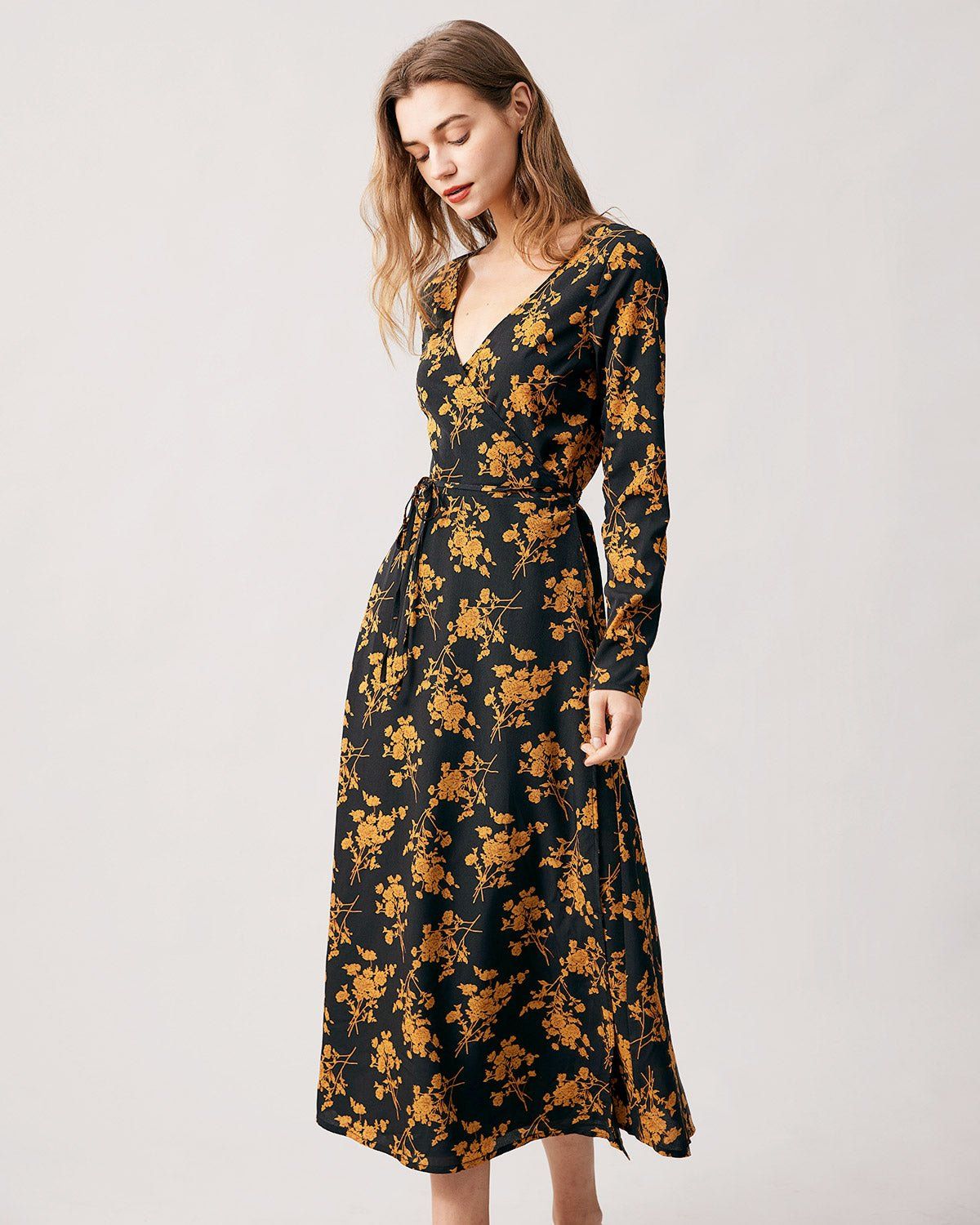 The Black V Neck Floral Long Sleeve Maxi Dress sold by rihoas product image thumbnail 3