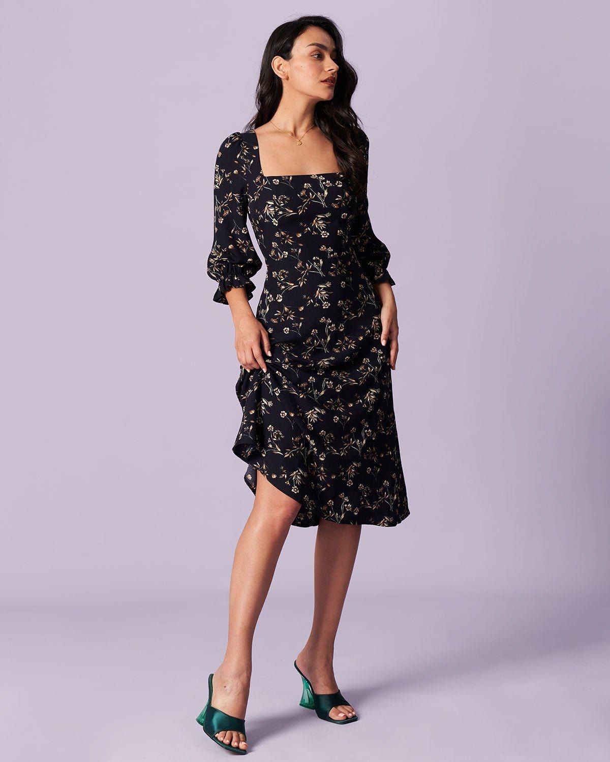 The Black Floral Lantern Sleeve Midi Dress sold by rihoas product image thumbnail 3
