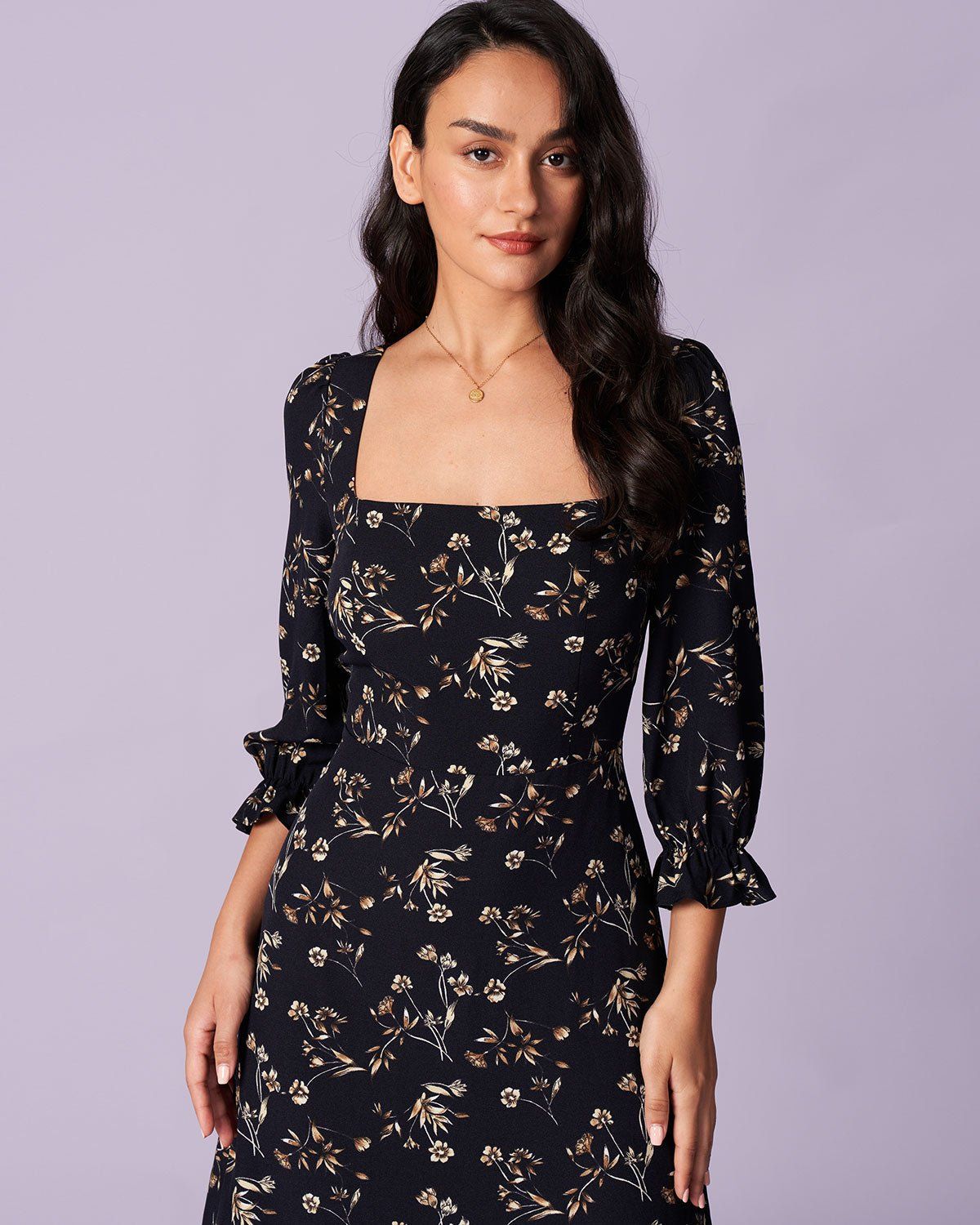 The Black Floral Lantern Sleeve Midi Dress sold by rihoas product image thumbnail 5