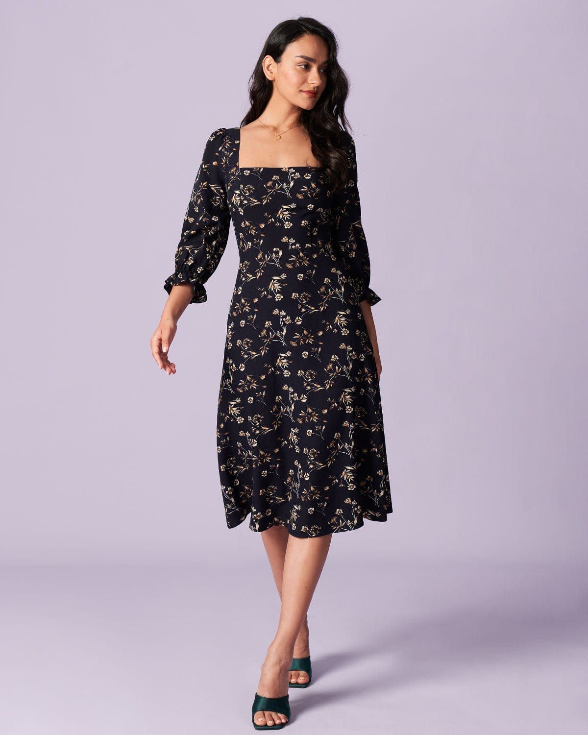 The Black Floral Lantern Sleeve Midi Dress sold by rihoas product image thumbnail 2