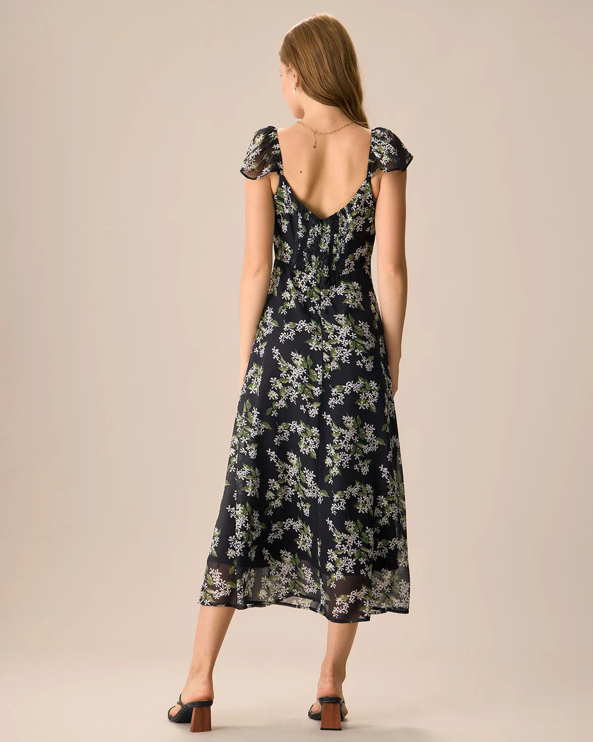 Women's Black Floral Shirred Midi Dress sold by rihoas product image thumbnail 5