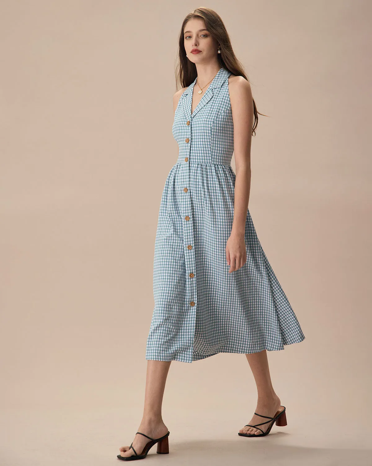 The Blue Lapel Plaid Sleeveless Shirt Midi Dress sold by rihoas product image thumbnail 4