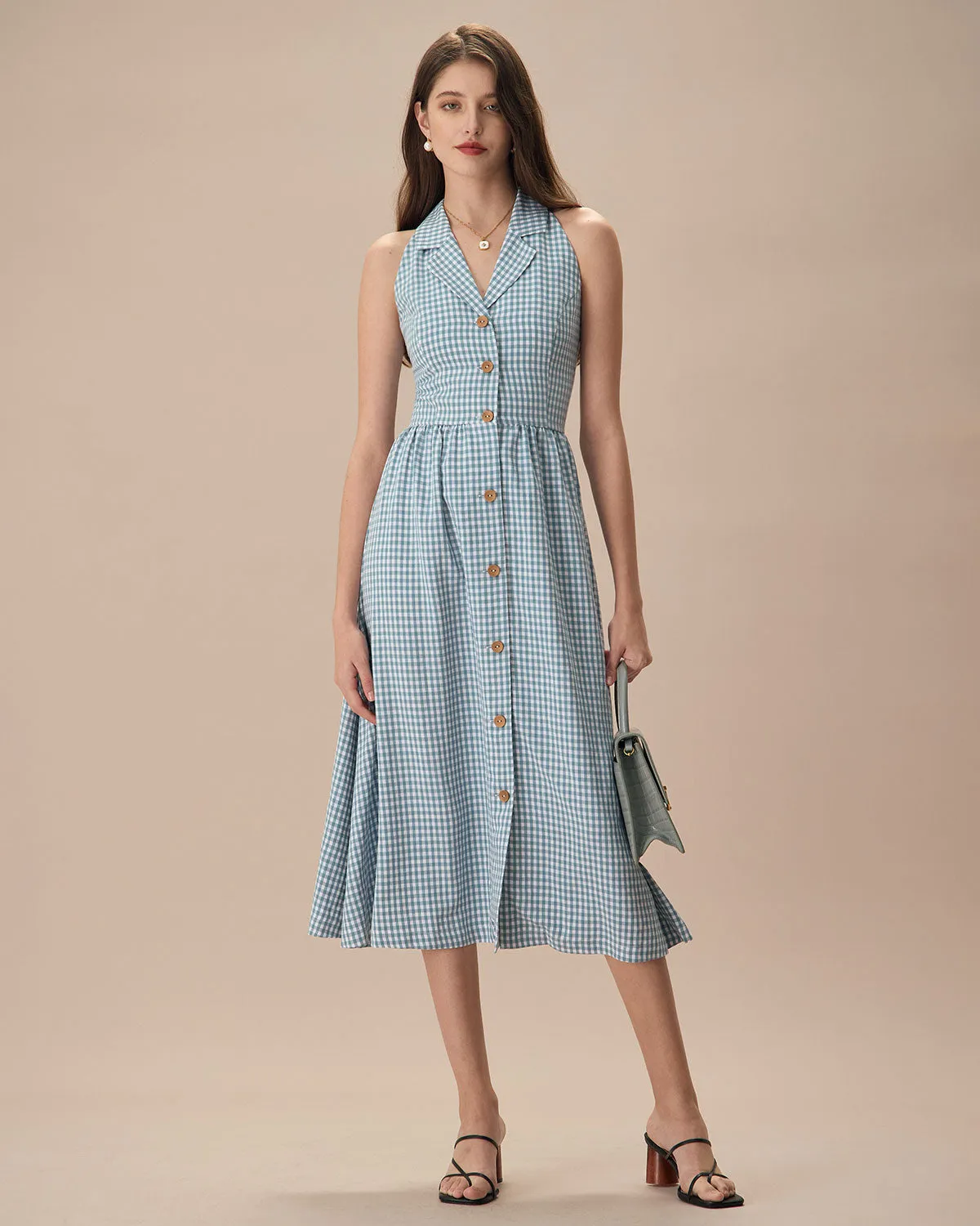 The Blue Lapel Plaid Sleeveless Shirt Midi Dress sold by rihoas product image thumbnail 3