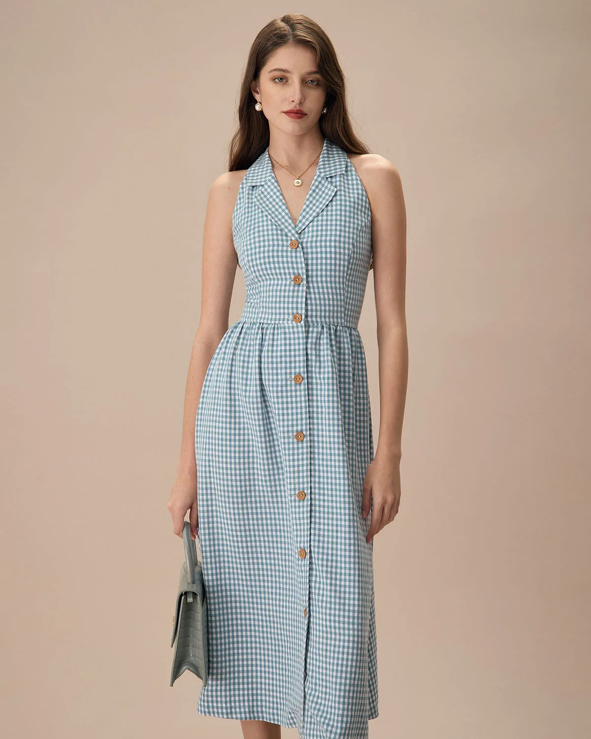 The Blue Lapel Plaid Sleeveless Shirt Midi Dress sold by rihoas