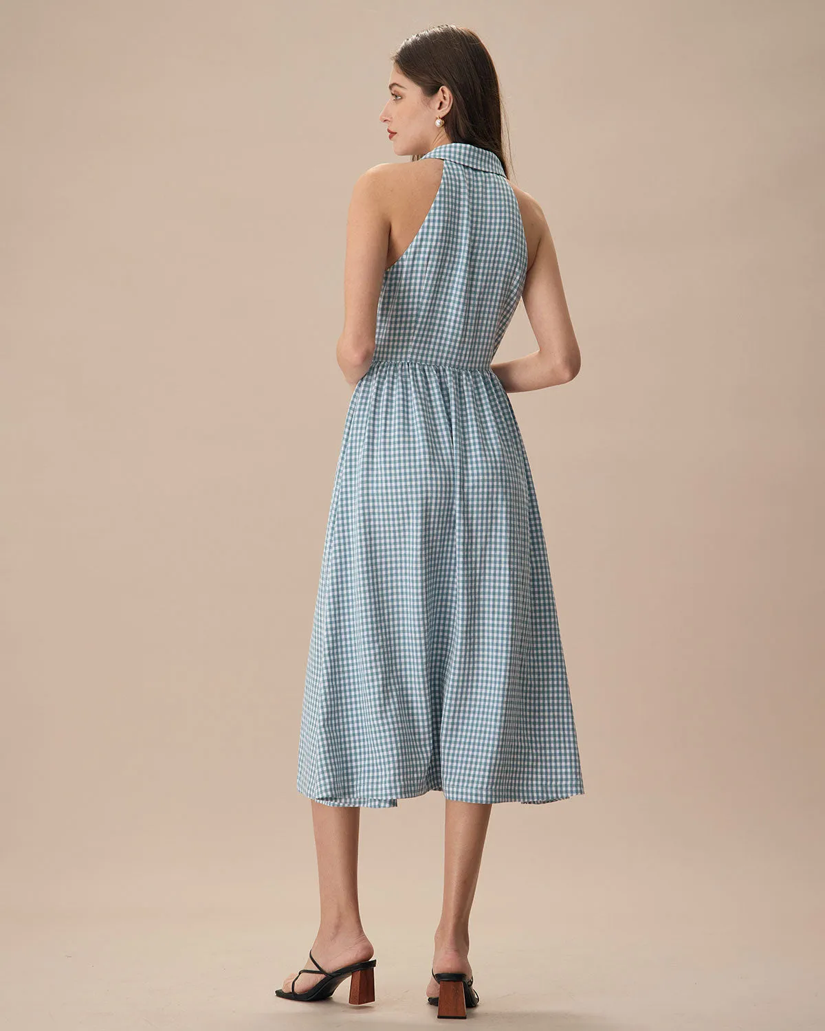 The Blue Lapel Plaid Sleeveless Shirt Midi Dress sold by rihoas product image thumbnail 5