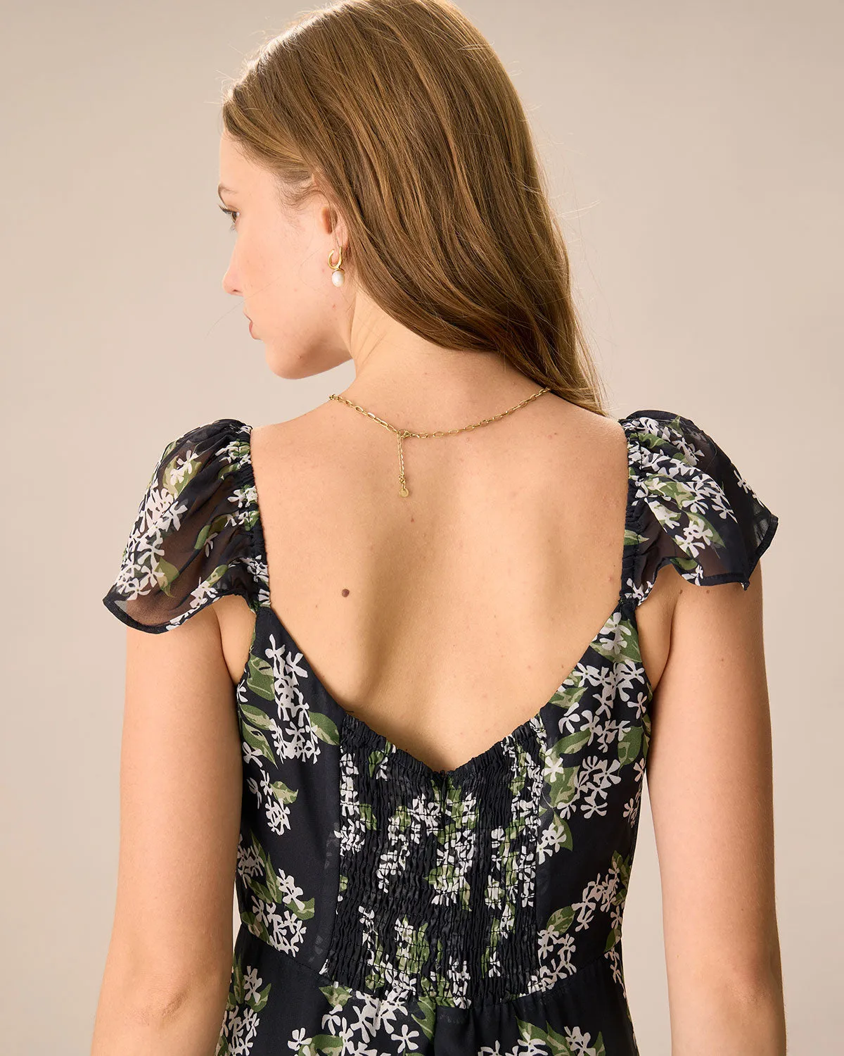 Women's Black Floral Shirred Midi Dress sold by rihoas product image thumbnail 2