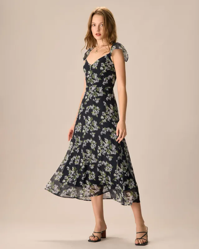 Women's Black Floral Shirred Midi Dress sold by rihoas