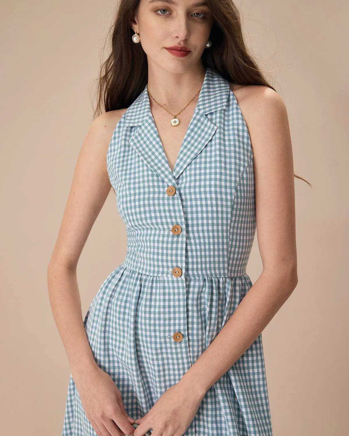 The Blue Lapel Plaid Sleeveless Shirt Midi Dress sold by rihoas product image thumbnail 2
