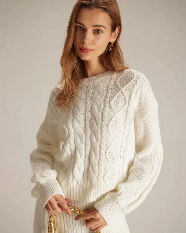 The Beige Round Neck Ribbed Cable Sweater sold by rihoas