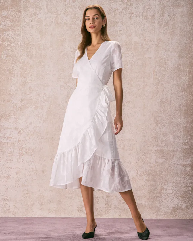 The White V Neck Jacquard Wrap Midi Dress sold by rihoas