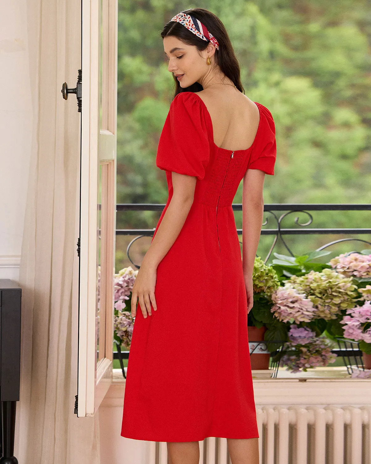 The Red Sweetheart Neck Slit Midi Dress sold by rihoas product image thumbnail 4