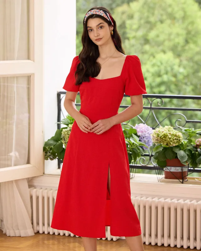 The Red Sweetheart Neck Slit Midi Dress sold by rihoas