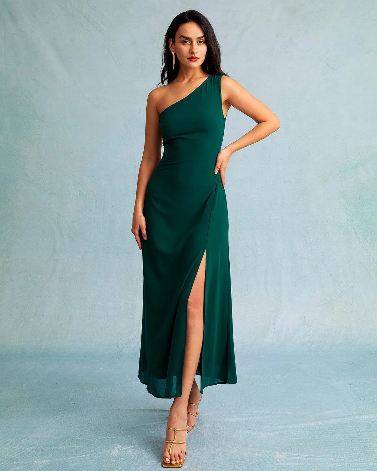 The Green One Shoulder Sleeveless Maxi Dress sold by rihoas