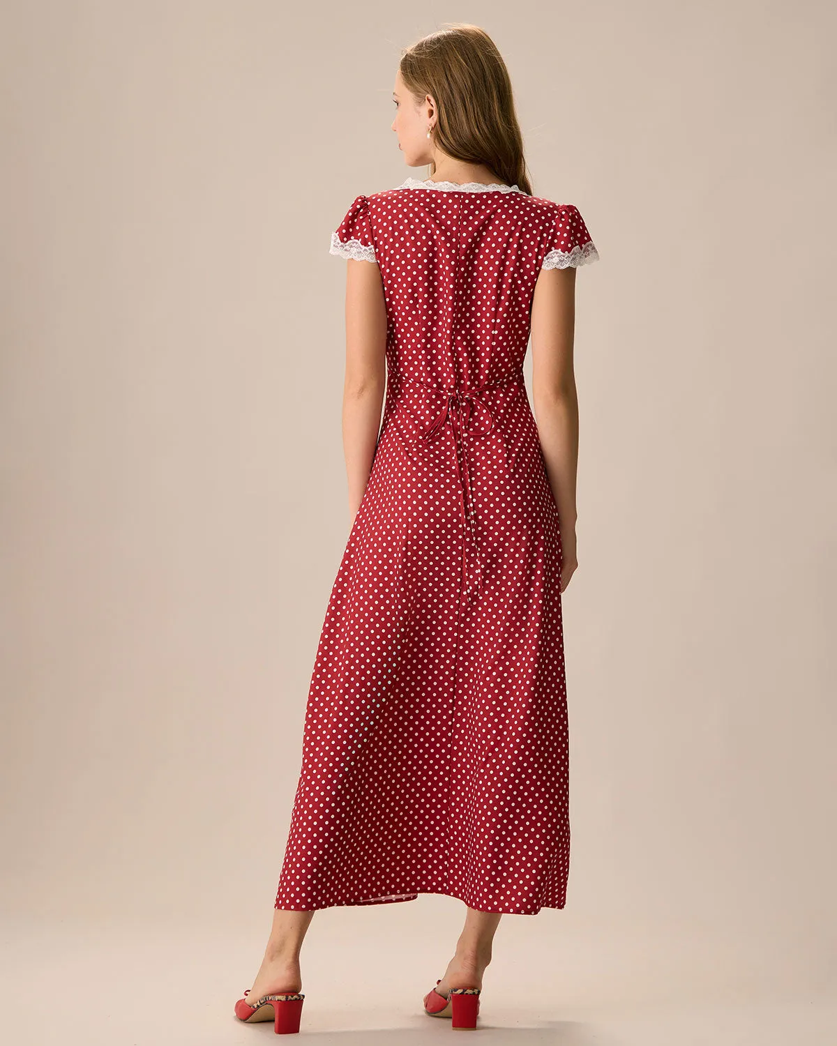 The Red V Neck Polka Dot Lace Ruched Maxi Dress sold by rihoas product image thumbnail 4