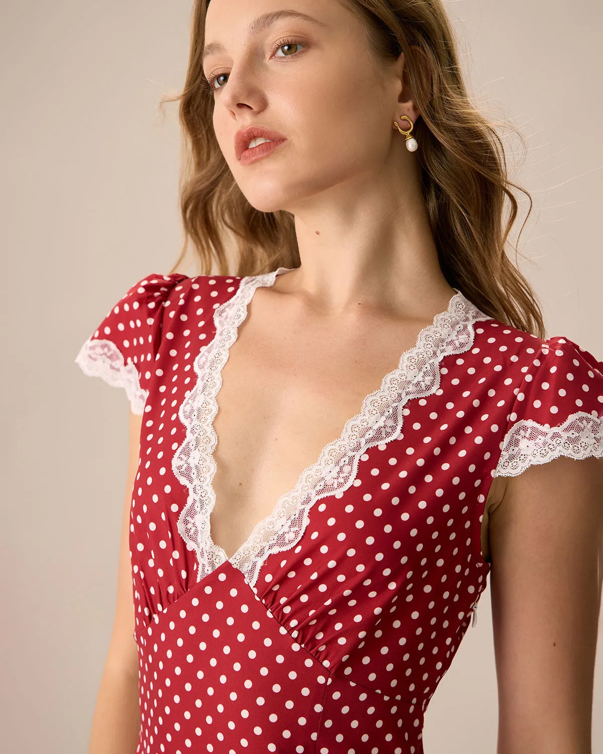 The Red V Neck Polka Dot Lace Ruched Maxi Dress sold by rihoas product image thumbnail 2
