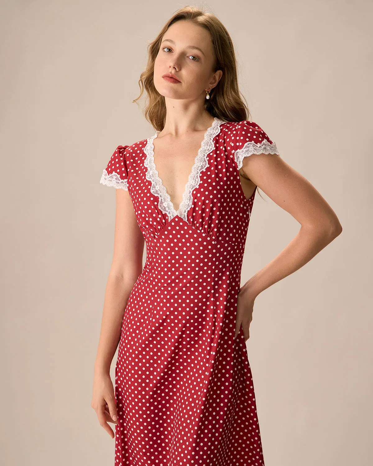 The Red V Neck Polka Dot Lace Ruched Maxi Dress sold by rihoas product image thumbnail 3