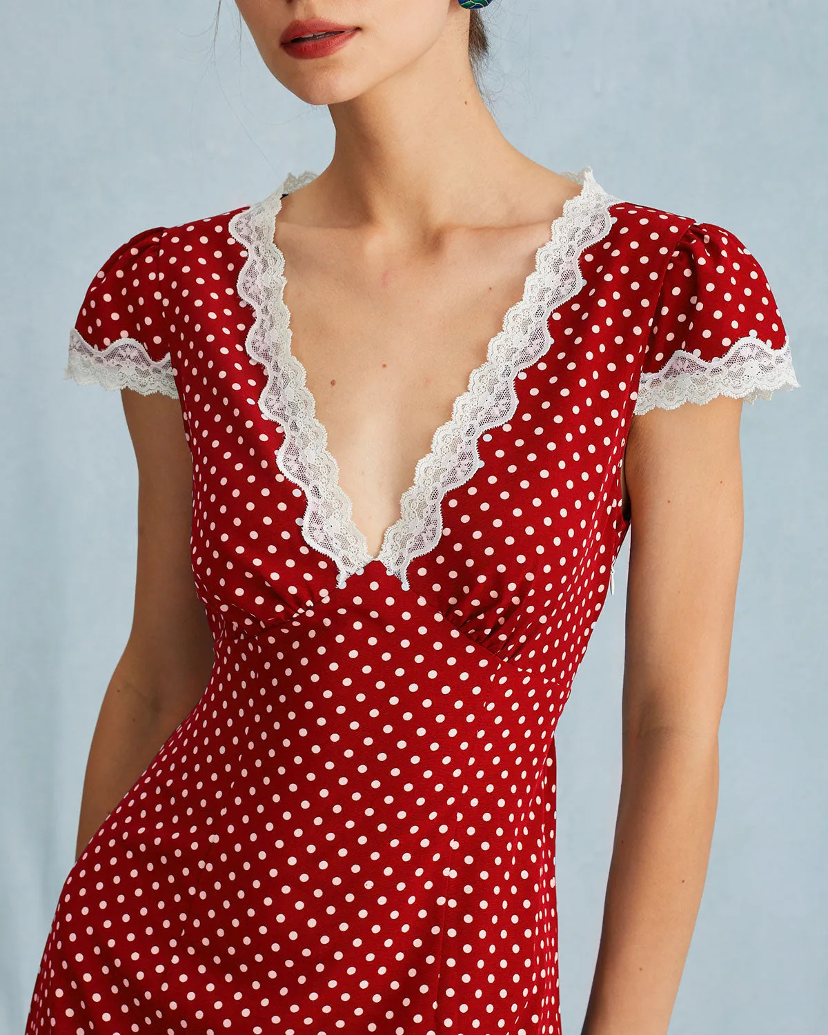 The Red V Neck Polka Dot Lace Ruched Maxi Dress sold by rihoas