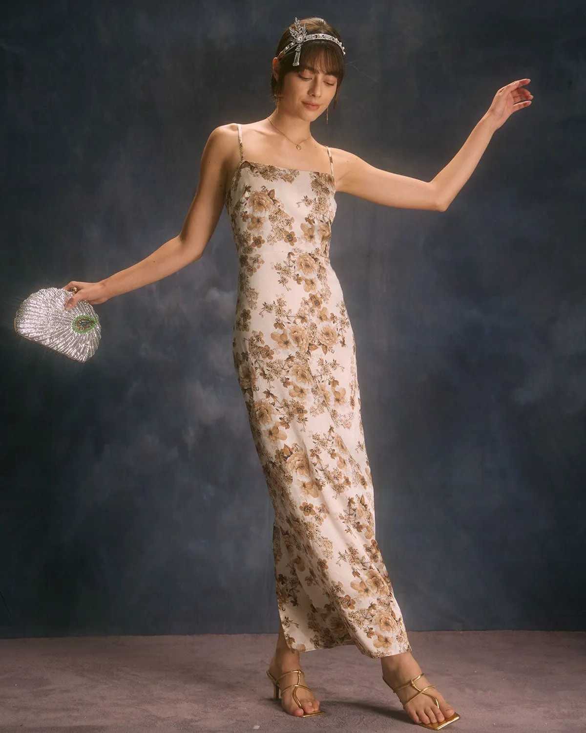 The Apricot Floral Slit Maxi Dress sold by rihoas product image thumbnail 4
