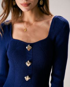 The Blue Square Neck Button Knit Midi Dress sold by rihoas