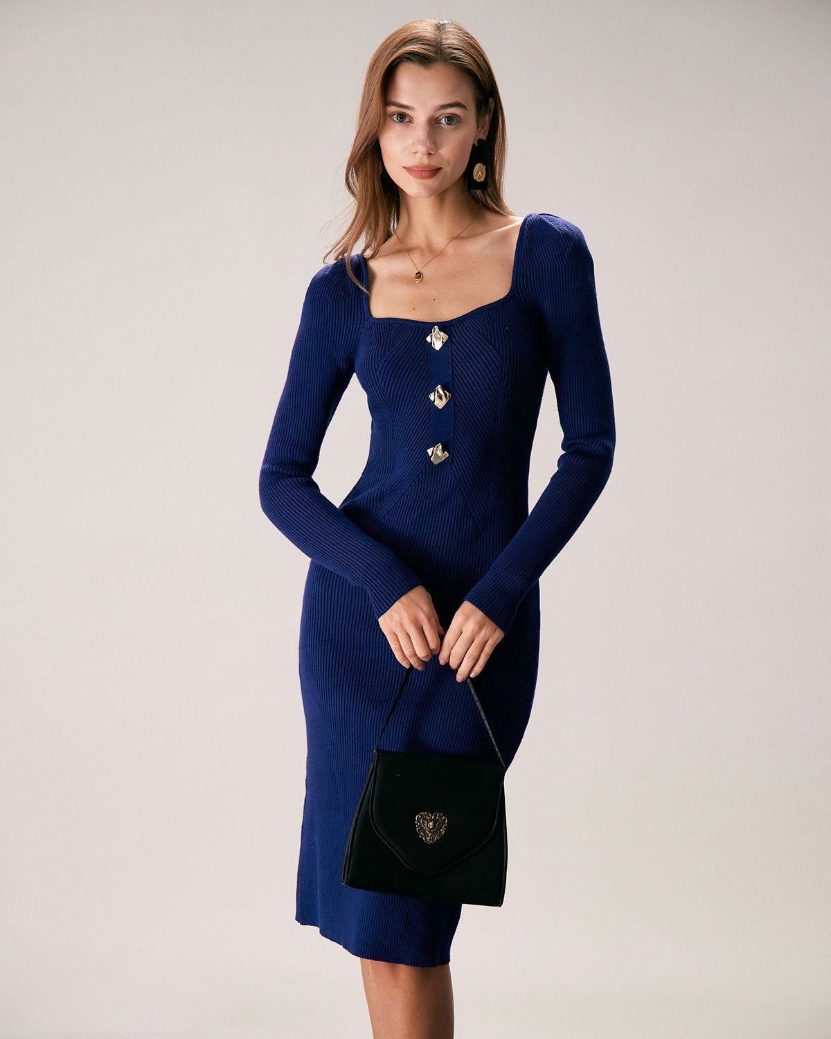The Blue Square Neck Button Knit Midi Dress sold by rihoas