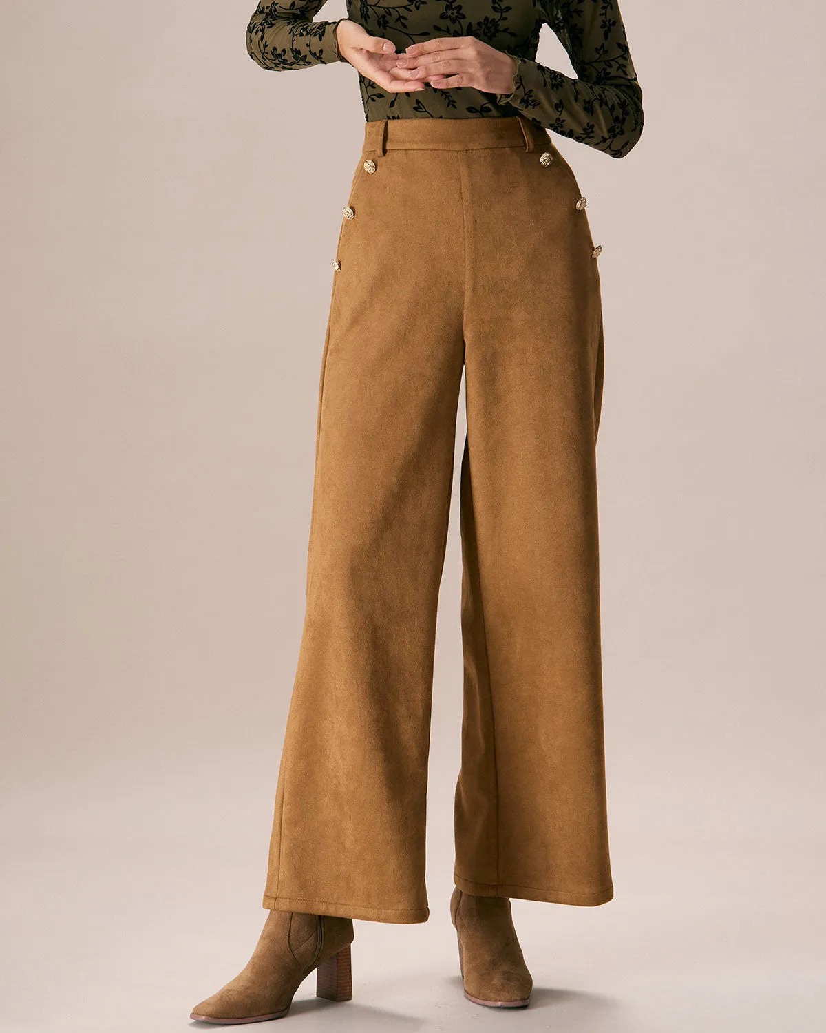 The Brown High Waisted Suede Straight Pants sold by rihoas