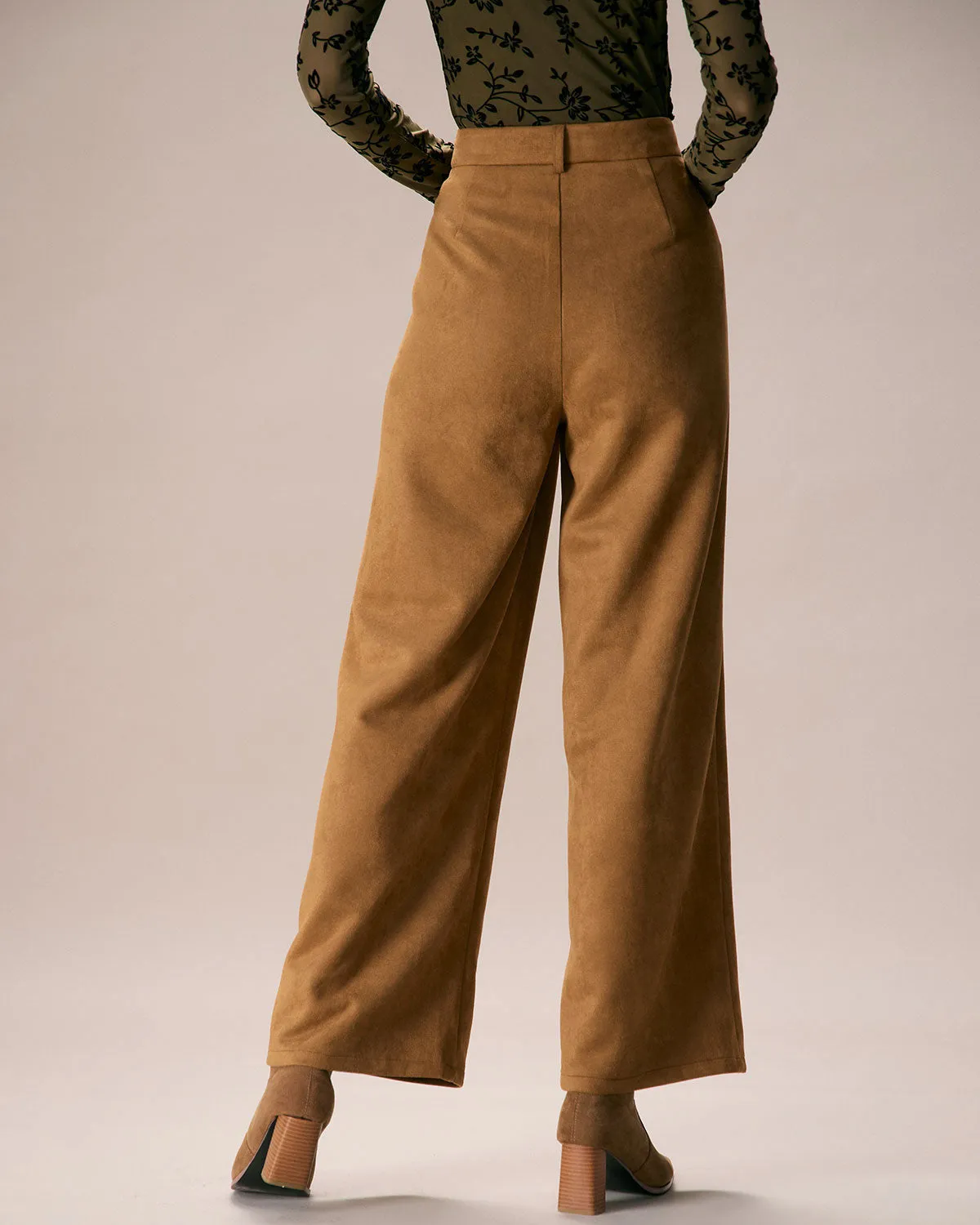 The Brown High Waisted Suede Straight Pants sold by rihoas product image thumbnail 5