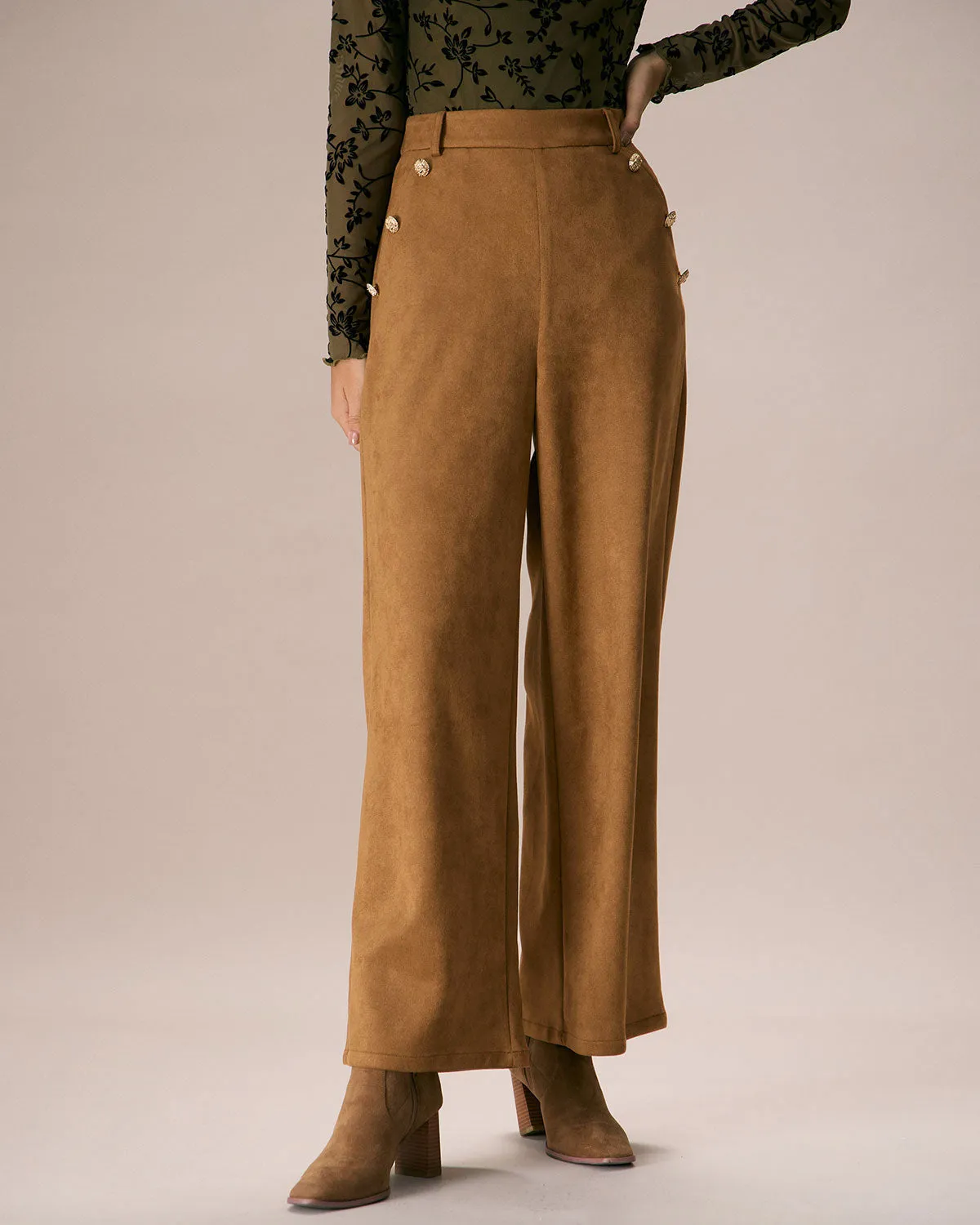 The Brown High Waisted Suede Straight Pants sold by rihoas product image thumbnail 4