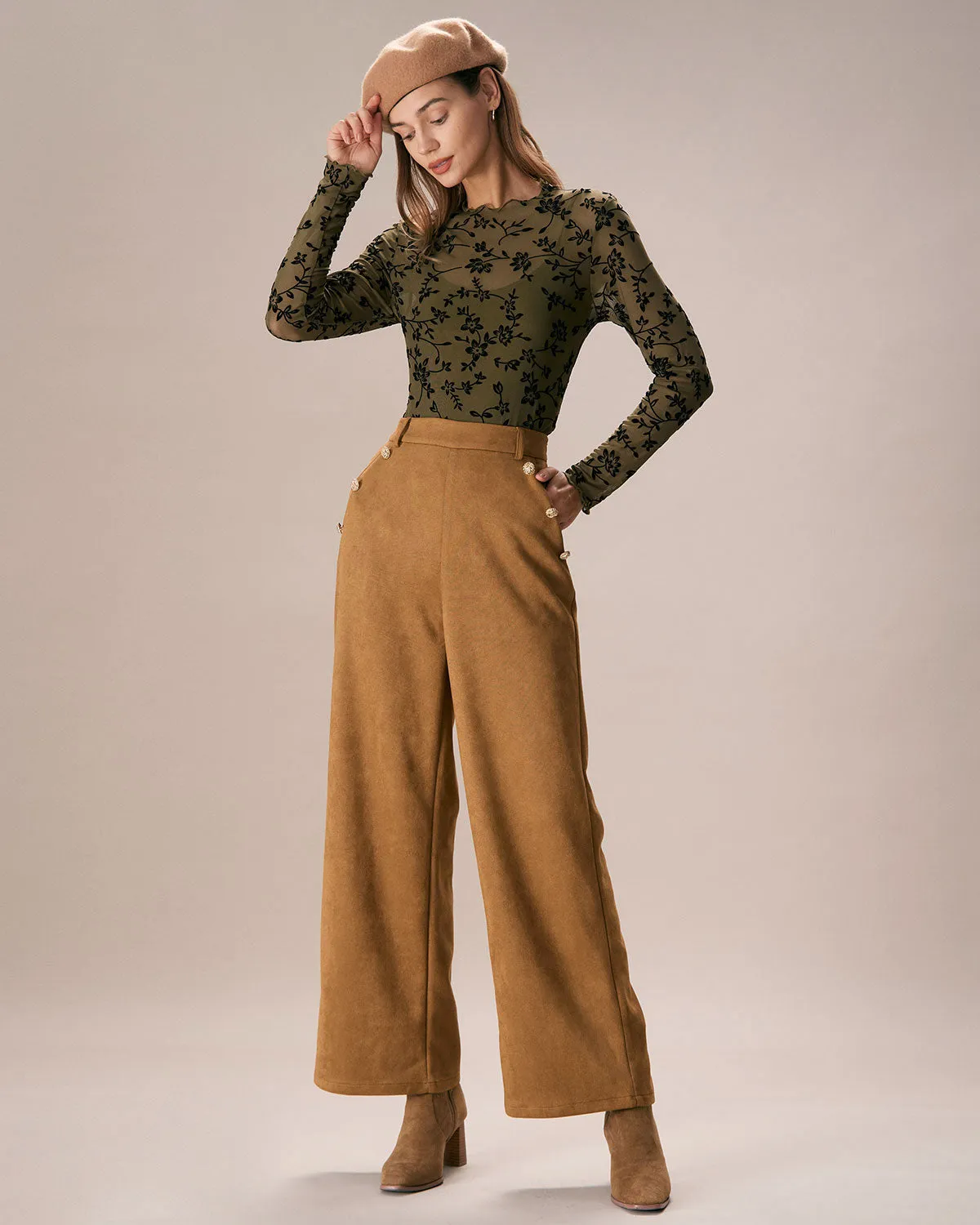 The Brown High Waisted Suede Straight Pants sold by rihoas product image thumbnail 2