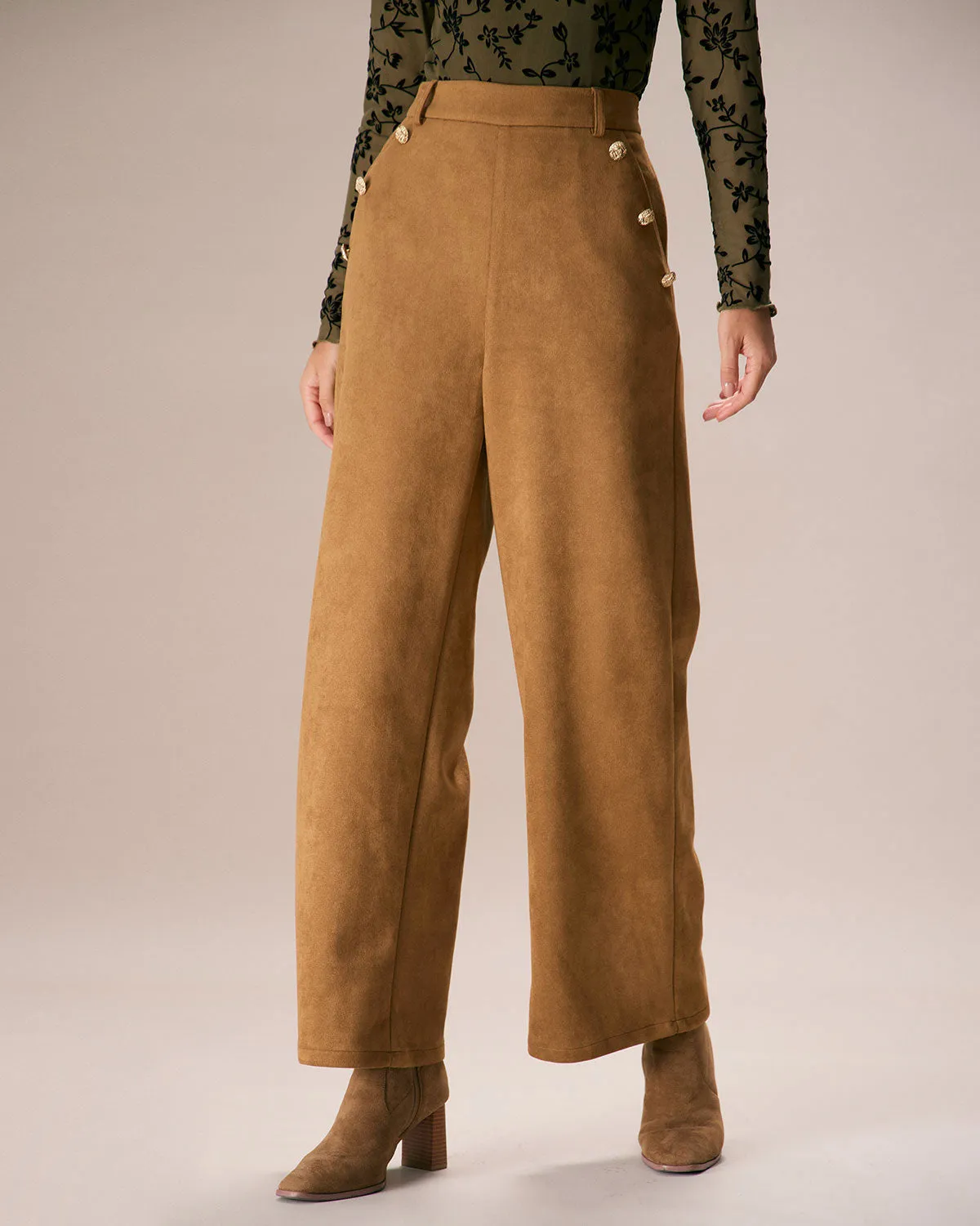 The Brown High Waisted Suede Straight Pants sold by rihoas product image thumbnail 3