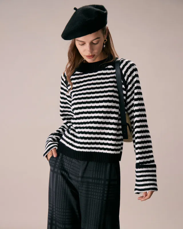 The Black Crew Neck Striped Ribbed Sweater sold by rihoas