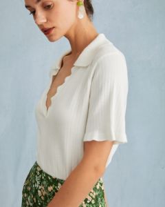 The White V Neck Wave Cut Ribbed Knit Tee sold by rihoas