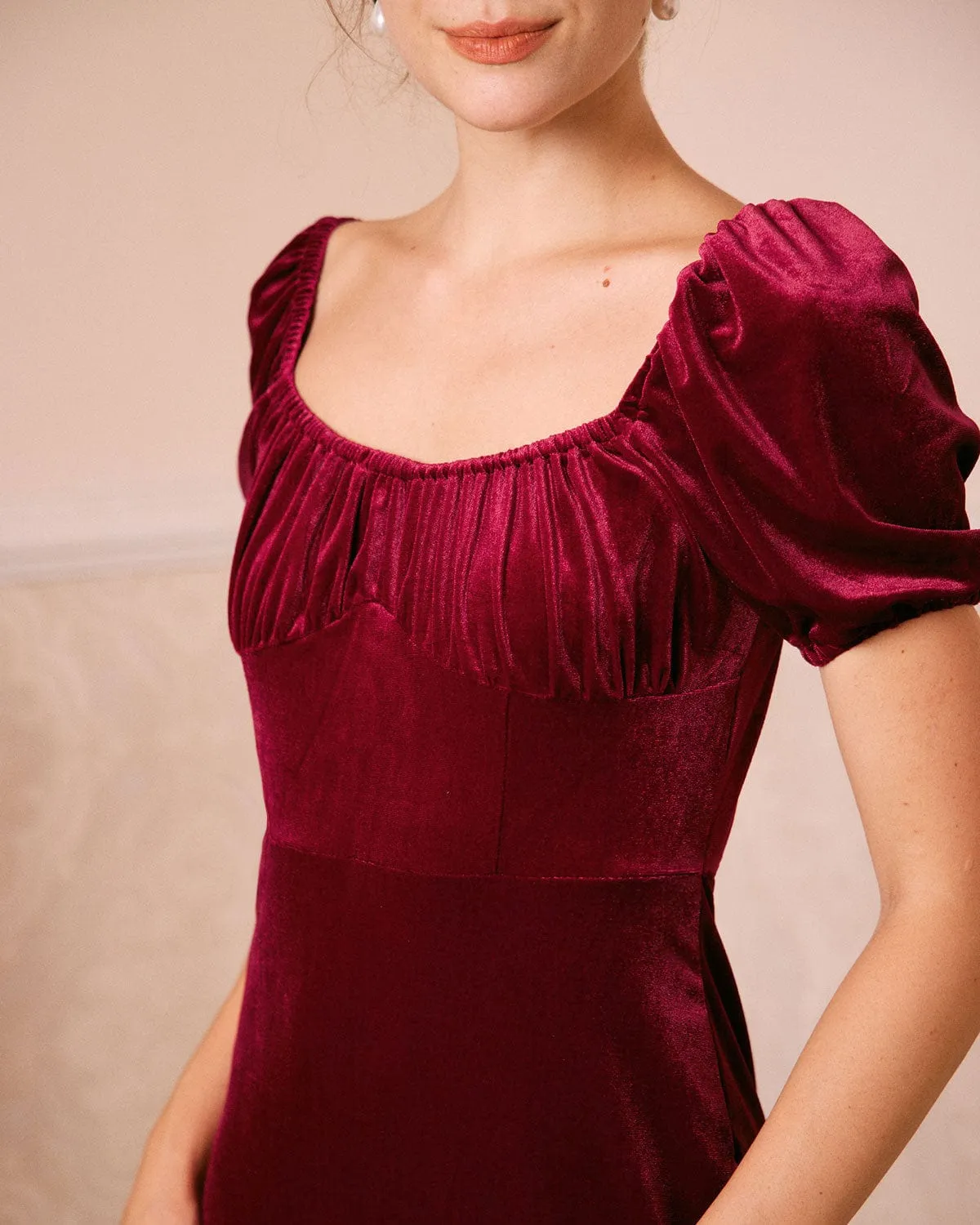 The Wine Red U Neck Ruched Velvet Maxi Dress sold by rihoas product image thumbnail 2