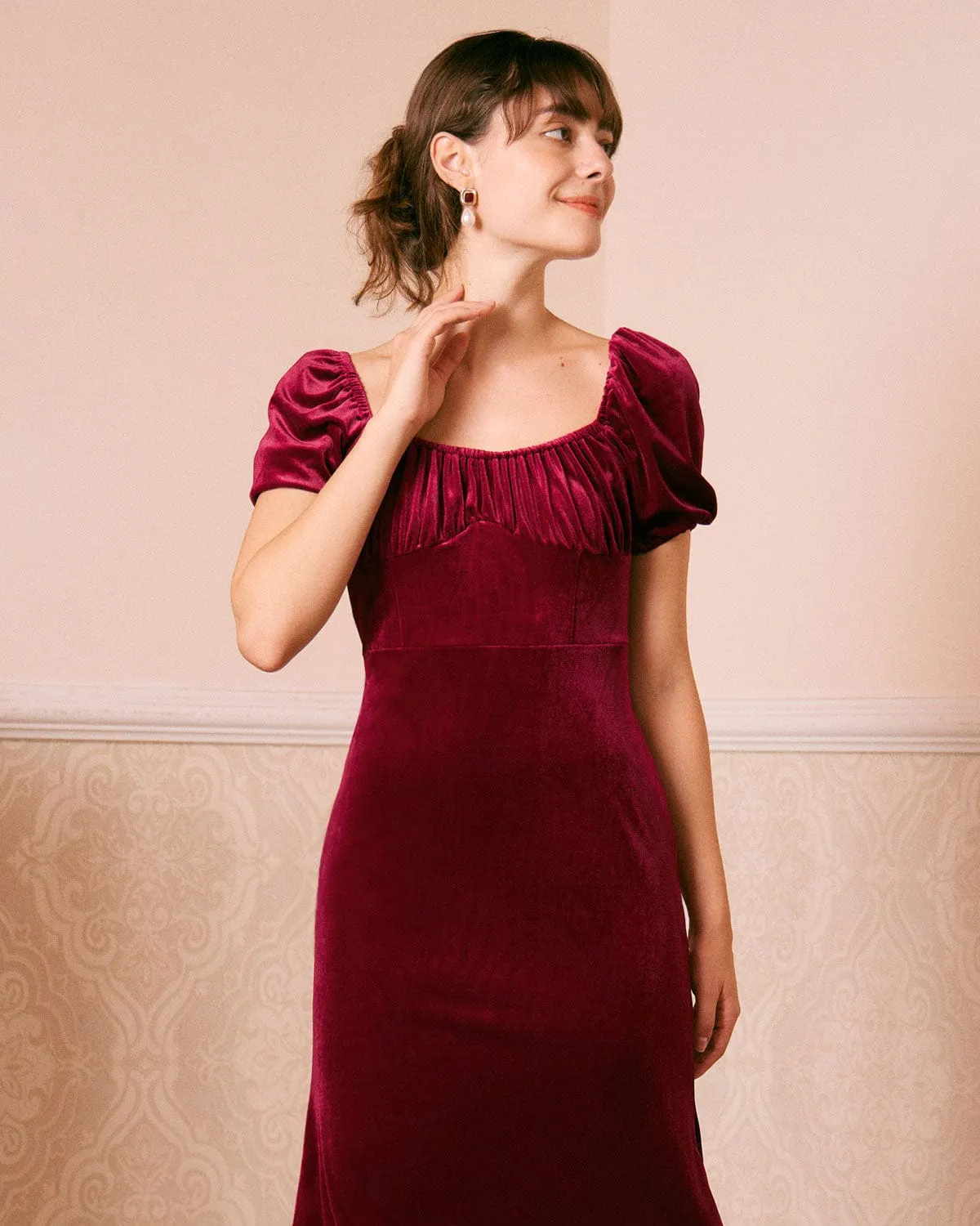 The Wine Red U Neck Ruched Velvet Maxi Dress sold by rihoas product image thumbnail 3