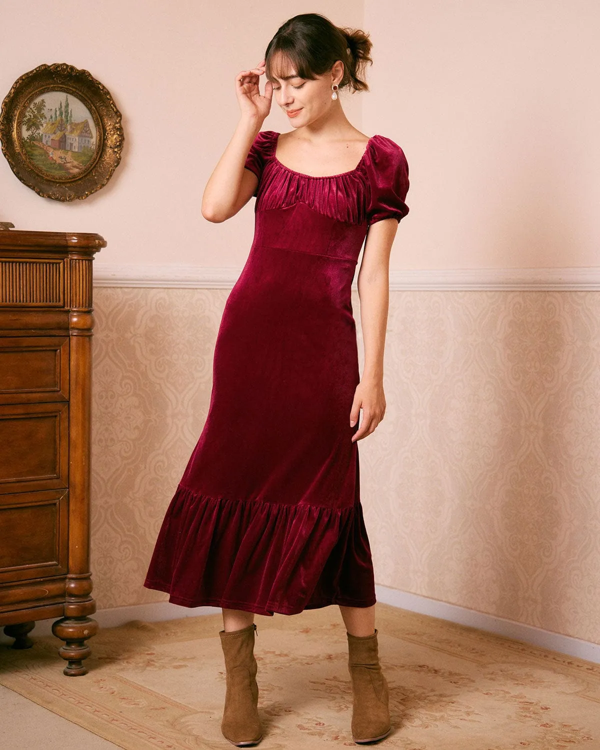 The Wine Red U Neck Ruched Velvet Maxi Dress sold by rihoas product image thumbnail 4