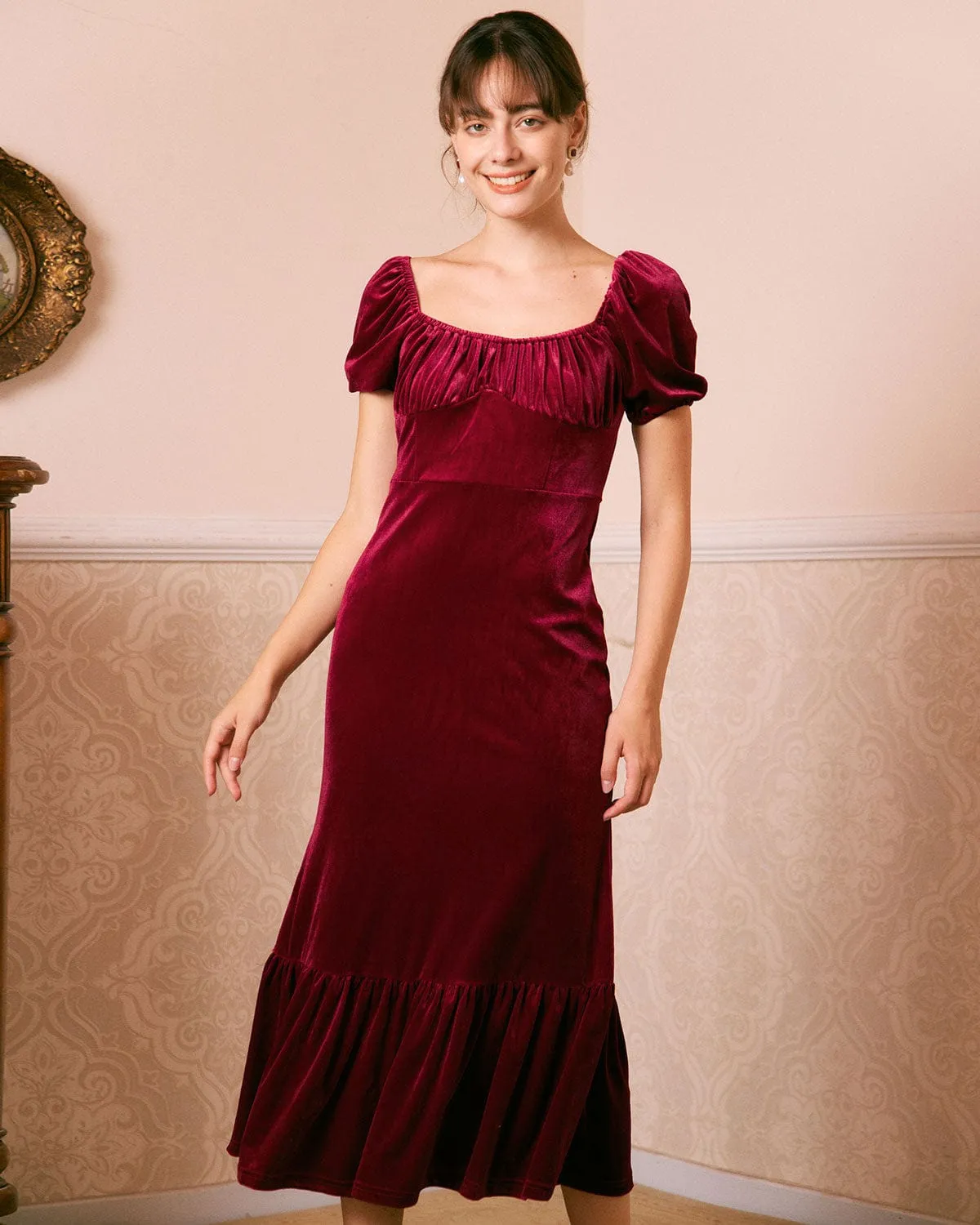 The Wine Red U Neck Ruched Velvet Maxi Dress sold by rihoas product image thumbnail 5